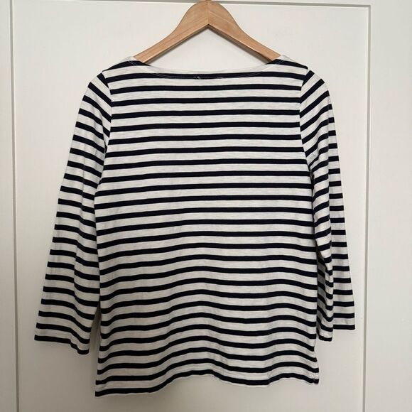 J Crew Top Women Sz M White Blue Stripe Boat Neck Nautical Coastal Preppy Casual - Picture 6 of 12